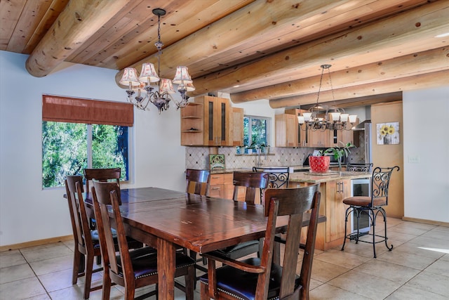 dining space featuring wood ceiling, beamed ceiling, light tile patterned flooring, and a chandelier