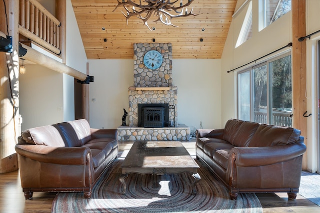 living room with hardwood / wood-style floors, high vaulted ceiling, an inviting chandelier, a fireplace, and wood ceiling