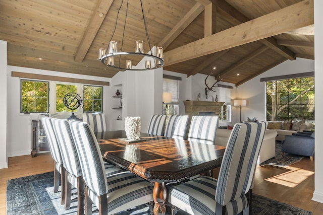 dining space featuring hardwood / wood-style floors, vaulted ceiling with beams, and wooden ceiling