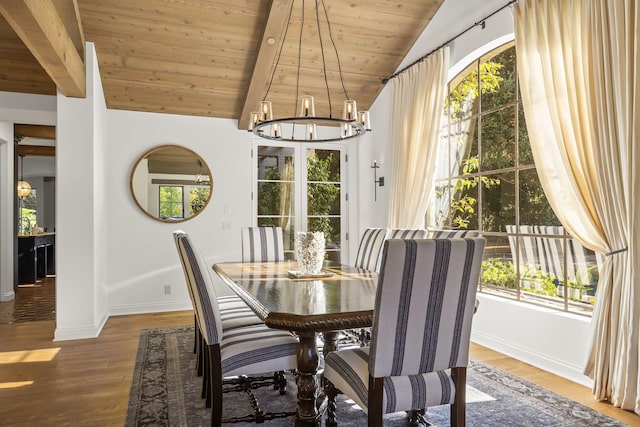 dining space featuring vaulted ceiling with beams, hardwood / wood-style flooring, and wooden ceiling