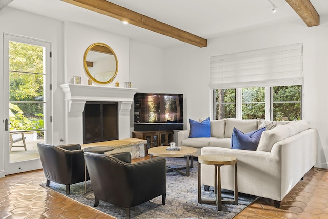 tiled living room with beamed ceiling