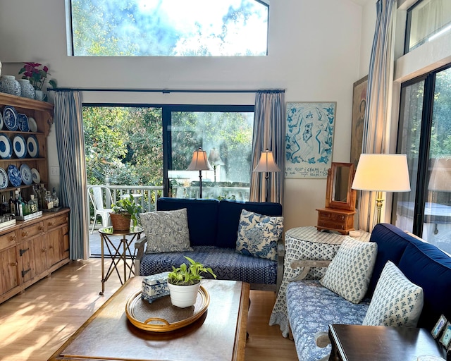 living room featuring a high ceiling and light wood-type flooring