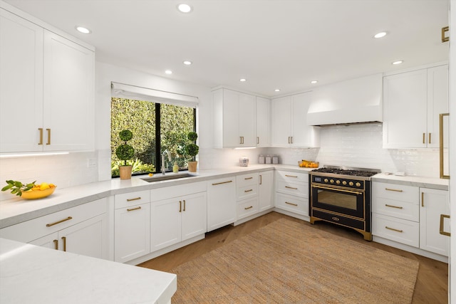 kitchen with custom exhaust hood, high end range, backsplash, white cabinetry, and sink