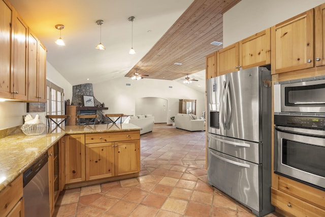 kitchen featuring hanging light fixtures, stainless steel appliances, kitchen peninsula, vaulted ceiling, and wood ceiling