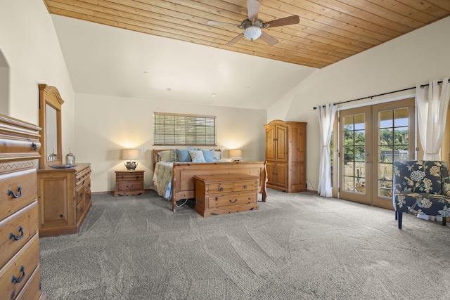 bedroom featuring lofted ceiling, carpet floors, access to outside, ceiling fan, and wood ceiling