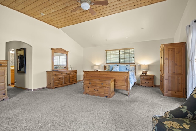 bedroom with wood ceiling, ceiling fan, high vaulted ceiling, and light carpet