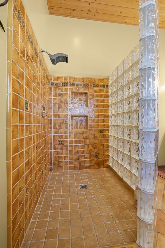 bathroom with wooden ceiling and walk in shower