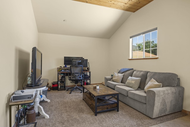 living room featuring lofted ceiling and carpet floors