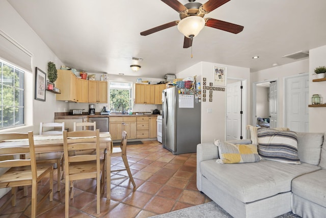 interior space featuring tile patterned flooring, light brown cabinets, stainless steel appliances, and a wealth of natural light