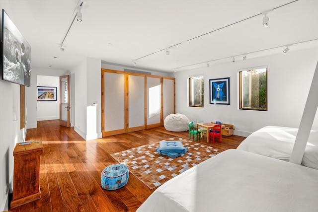 bedroom featuring hardwood / wood-style floors and track lighting