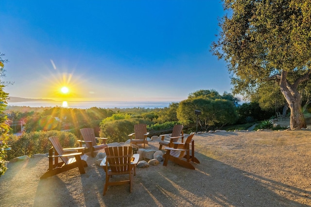 view of patio terrace at dusk