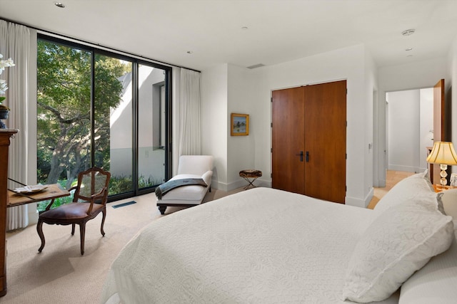 bedroom featuring access to exterior, expansive windows, a closet, and light colored carpet