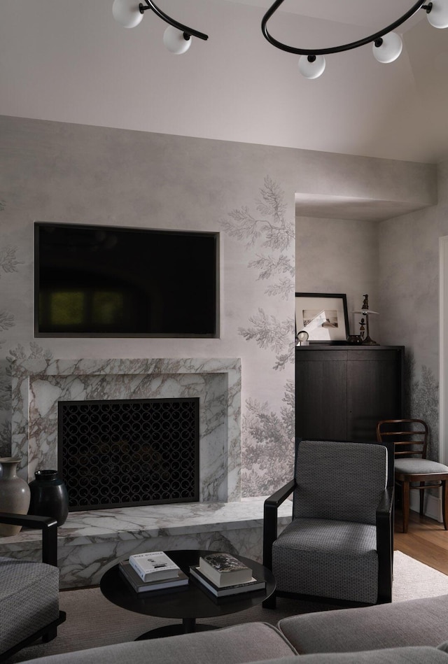 living room with a fireplace