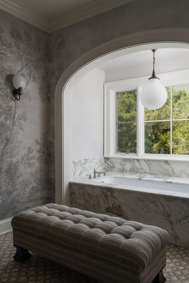 bathroom with ornamental molding