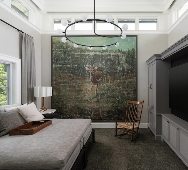 carpeted bedroom featuring a high ceiling