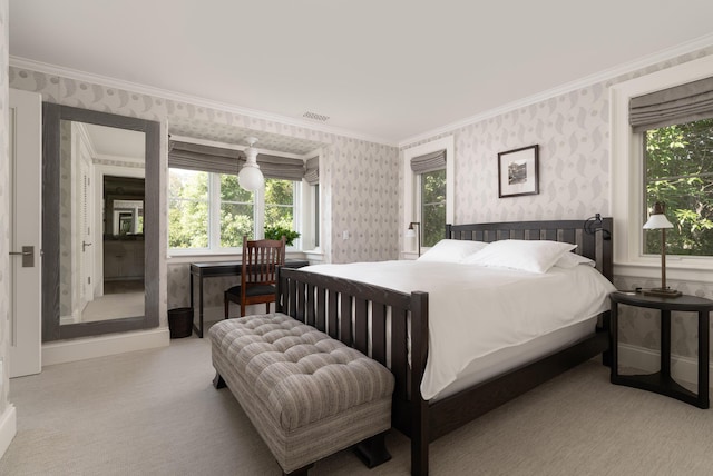 bedroom featuring light colored carpet and ornamental molding