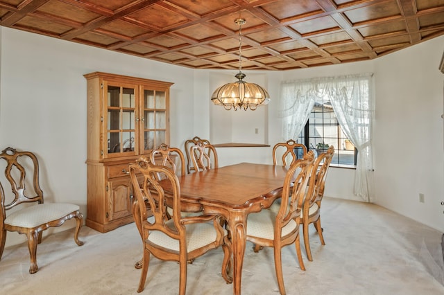 carpeted dining room with an inviting chandelier, wooden ceiling, beam ceiling, and coffered ceiling