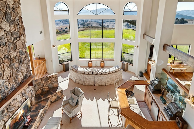 interior space featuring a stone fireplace and a high ceiling