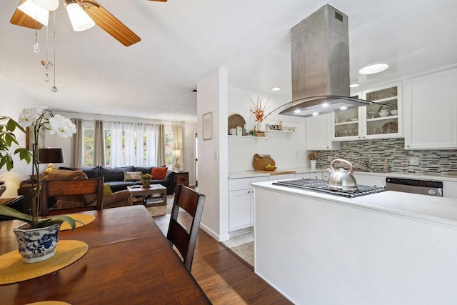 kitchen featuring backsplash, island exhaust hood, light hardwood / wood-style floors, white cabinets, and appliances with stainless steel finishes