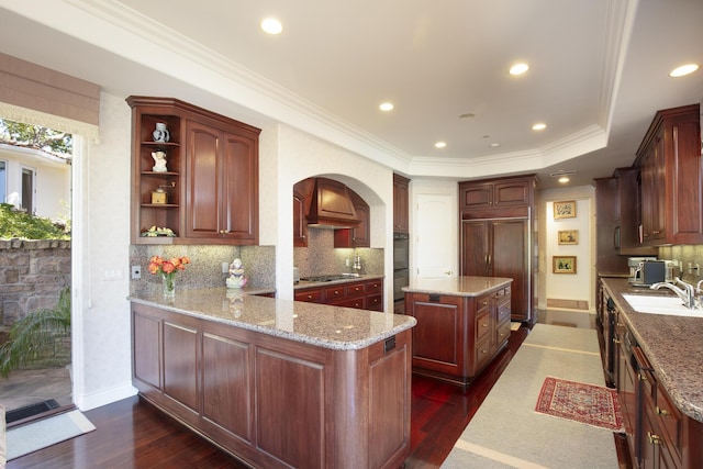 kitchen featuring decorative backsplash, sink, dark hardwood / wood-style floors, stainless steel gas stovetop, and crown molding