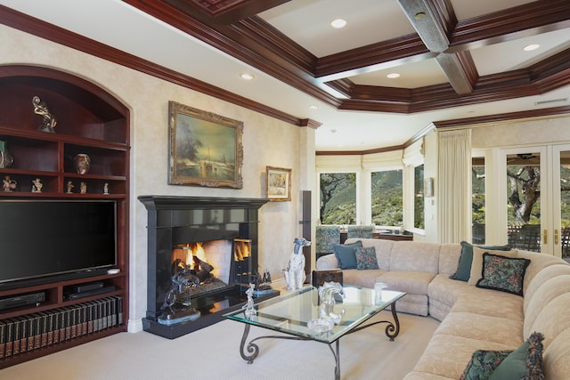 living room with beam ceiling, crown molding, and coffered ceiling