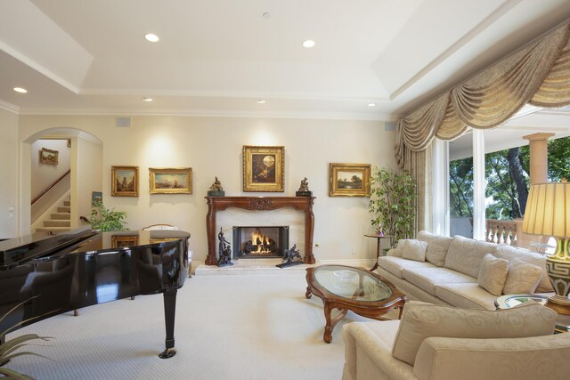 living room featuring a raised ceiling, a premium fireplace, and crown molding