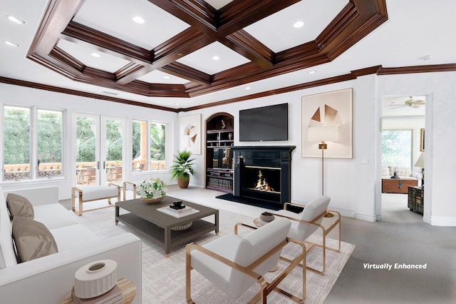 carpeted living room featuring french doors, crown molding, coffered ceiling, and beamed ceiling