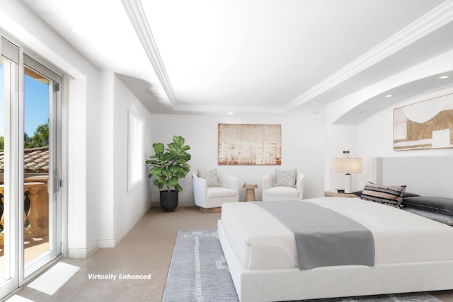 carpeted bedroom featuring a raised ceiling, access to exterior, multiple windows, and ornamental molding