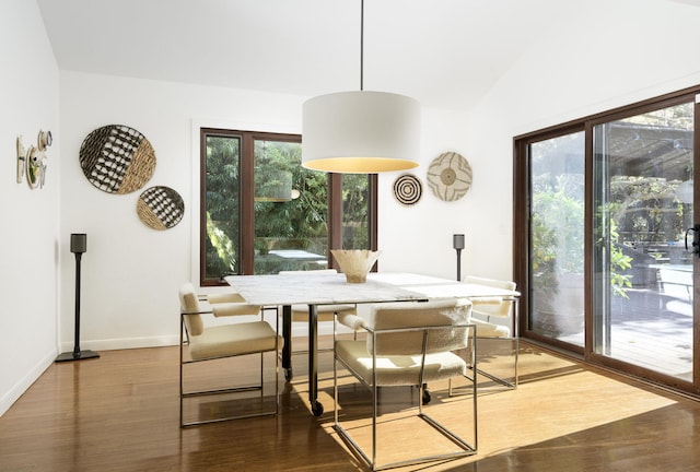 dining room featuring vaulted ceiling and dark wood-type flooring