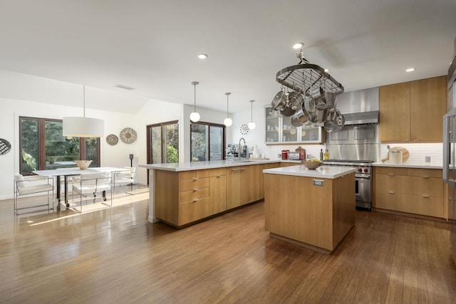 kitchen featuring sink, hanging light fixtures, a center island, stainless steel range, and decorative backsplash