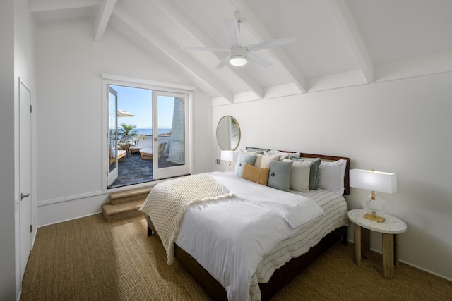 bedroom with carpet, vaulted ceiling with beams, and ceiling fan