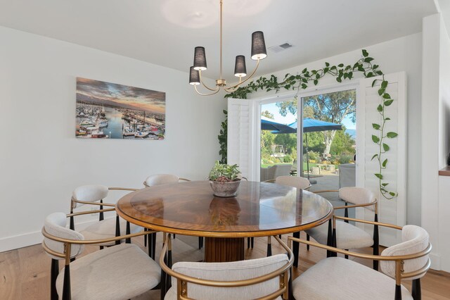 dining room with hardwood / wood-style floors and a notable chandelier