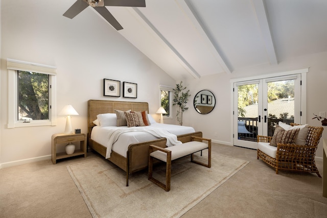 bedroom featuring access to exterior, ceiling fan, french doors, beamed ceiling, and light carpet