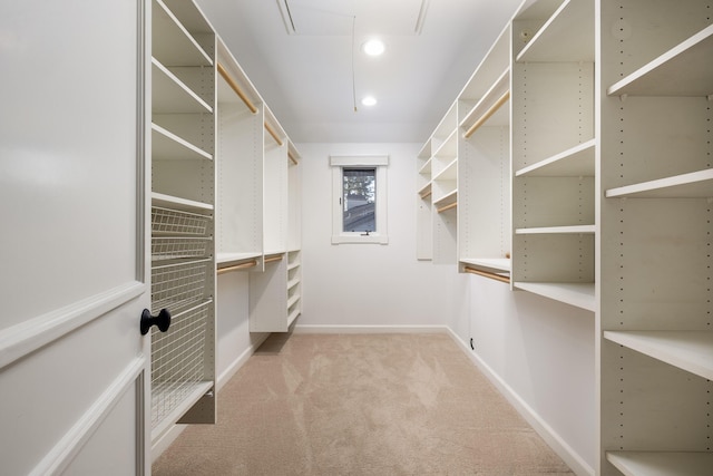 spacious closet featuring light colored carpet