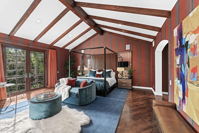 bedroom featuring beamed ceiling, dark hardwood / wood-style flooring, high vaulted ceiling, and french doors