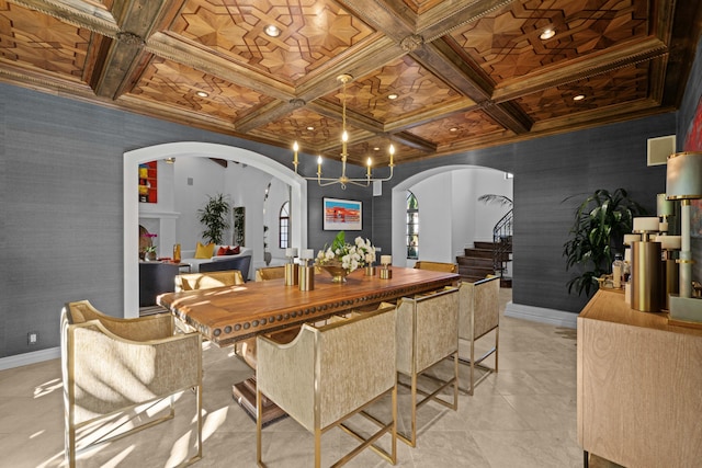 bar featuring beam ceiling, crown molding, wood ceiling, and coffered ceiling