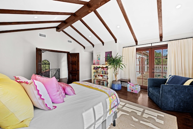 bedroom with dark hardwood / wood-style floors, lofted ceiling with beams, access to outside, and french doors