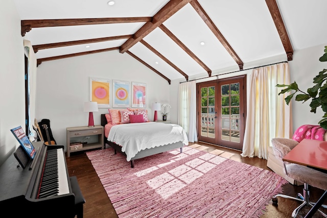 bedroom featuring french doors, lofted ceiling with beams, access to outside, and dark wood-type flooring