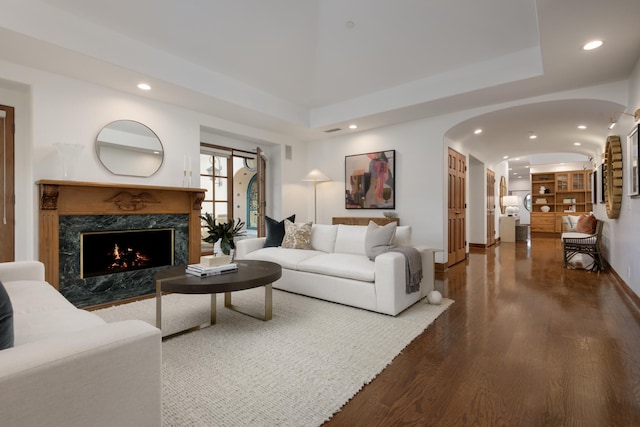 living room with dark wood-type flooring and a premium fireplace