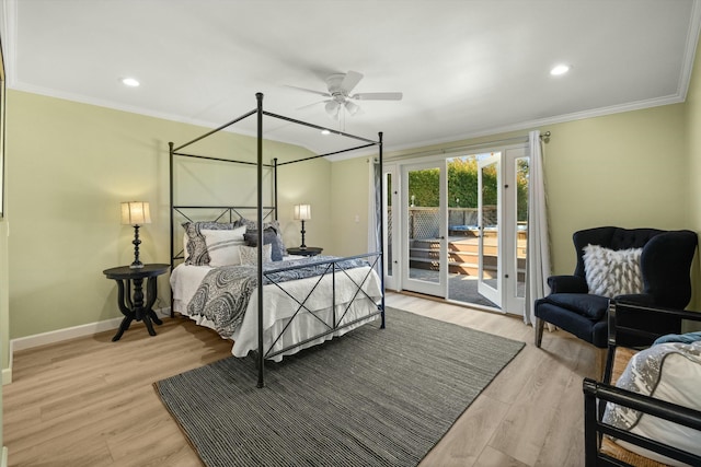 bedroom featuring ceiling fan, crown molding, access to outside, and light hardwood / wood-style flooring