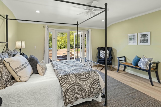 bedroom with access to outside, hardwood / wood-style flooring, ceiling fan, and ornamental molding