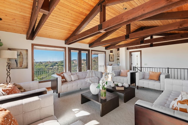 living room featuring carpet, wood ceiling, beam ceiling, and high vaulted ceiling