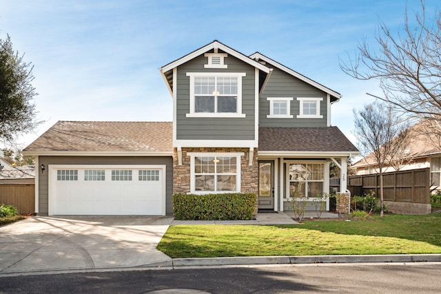 view of front of property featuring a garage, concrete driveway, stone siding, roof with shingles, and a front lawn