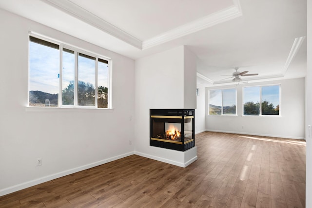 unfurnished living room with wood finished floors, a multi sided fireplace, a raised ceiling, and crown molding