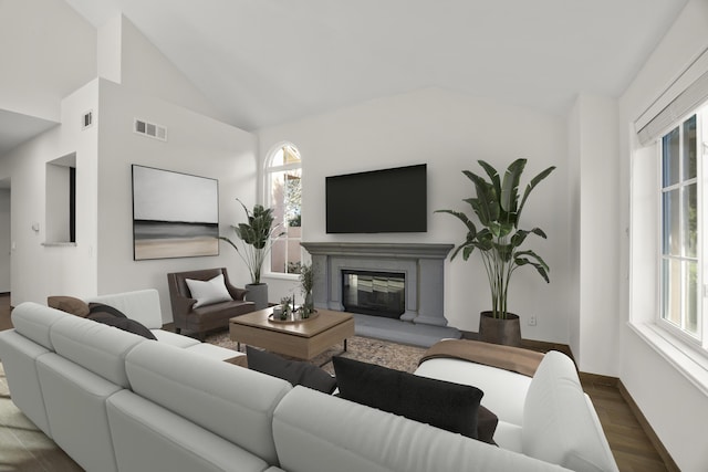 living room featuring lofted ceiling and wood-type flooring