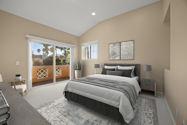 bedroom featuring access to exterior, light colored carpet, and vaulted ceiling