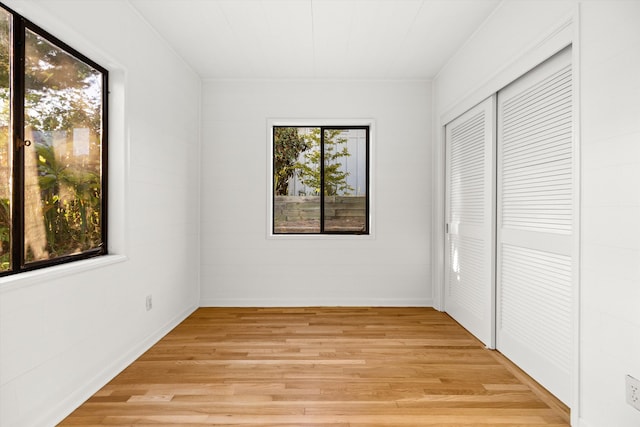 unfurnished bedroom with multiple windows, a closet, and light wood-type flooring