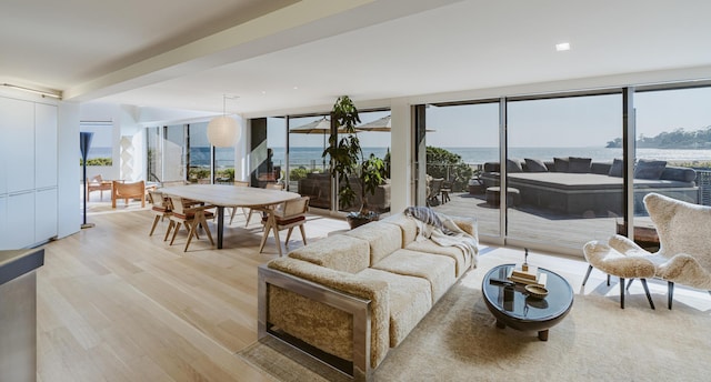 living room with a water view, light hardwood / wood-style floors, and a wall of windows