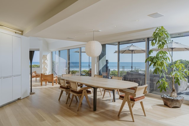 dining space with light hardwood / wood-style flooring, a water view, and a healthy amount of sunlight