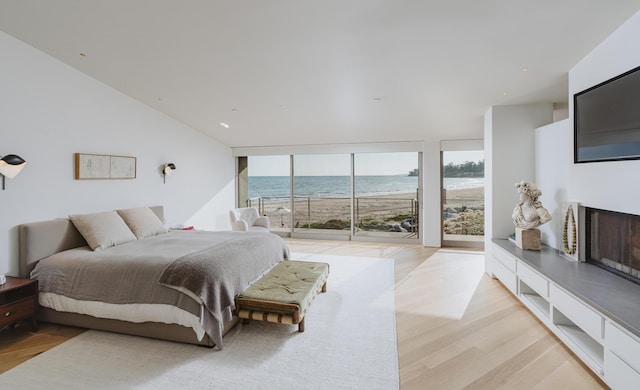 bedroom with expansive windows and light hardwood / wood-style floors